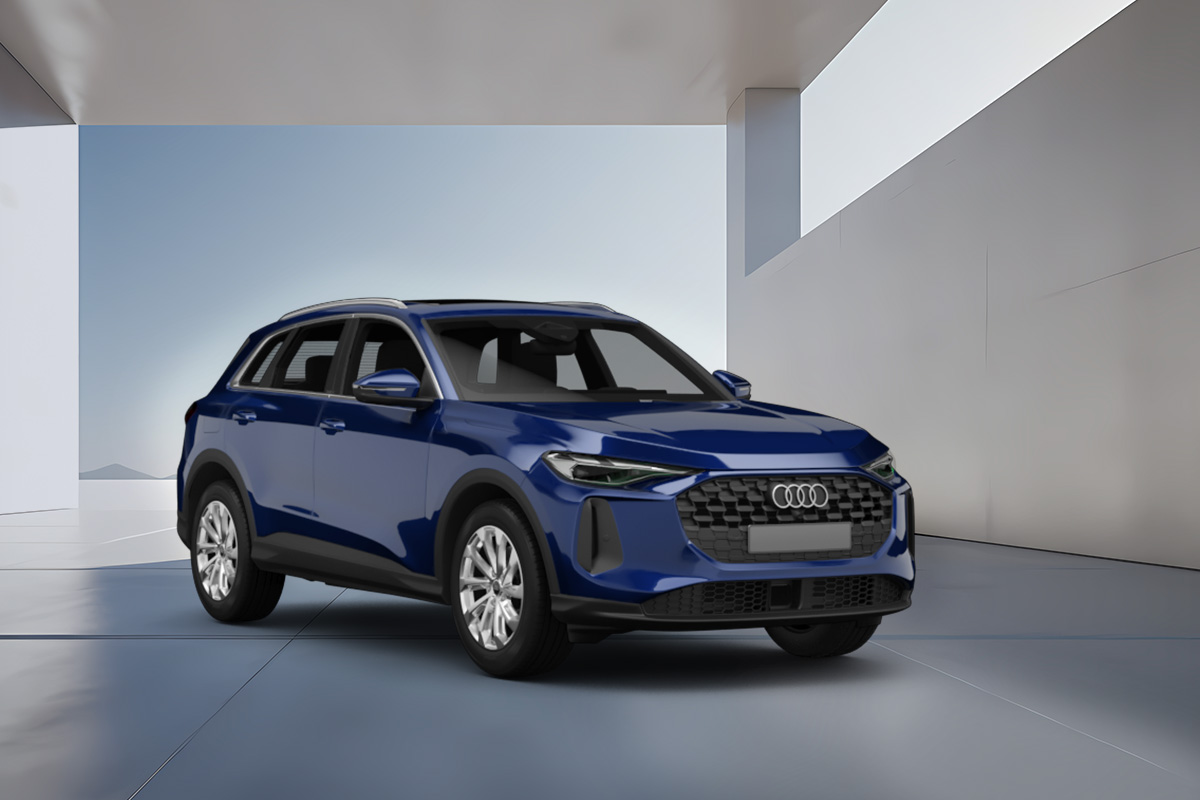 zu sehen ist ein blauer Audi Q5 vor Betonwand