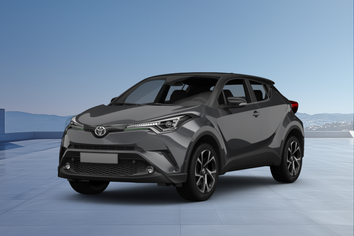 zu sehen ist einschwarzer Toyota CHR vor Himmel und Bergen